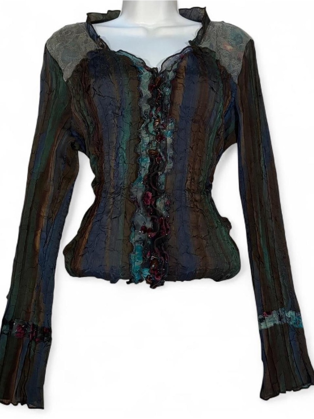 Alberto Makali Striped Ruffle button beaded Blouse